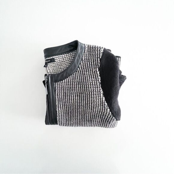 Nanette Lepore Jacket Knit Black White Zip Leather Trim Women's M Cardigan - Picture 8 of 8